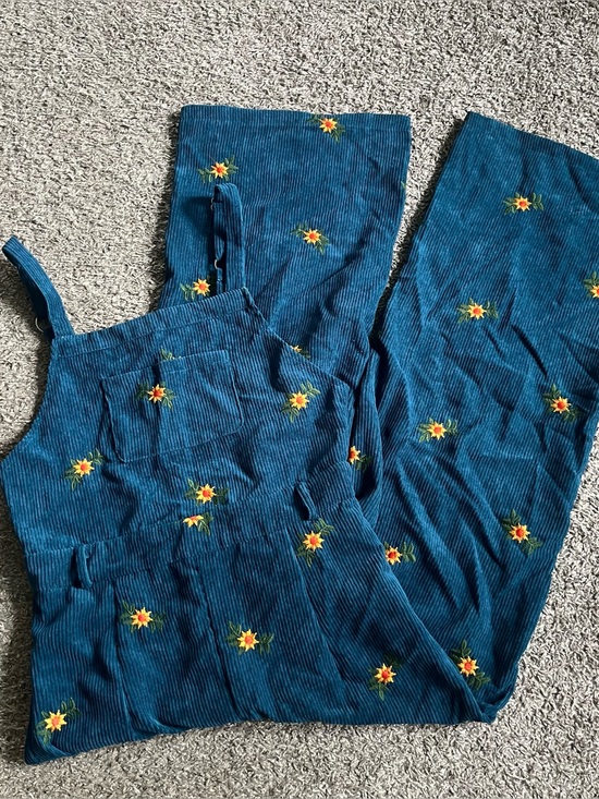 Pants - Women's Sunflower Embroidered Corduroy Overalls Teal  Medium Boho Wide Leg